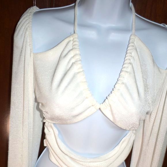 Gab & Kate White Off Shoulder Blouse Medium Tie Front Sexy V Neck Top - Picture 11 of 12